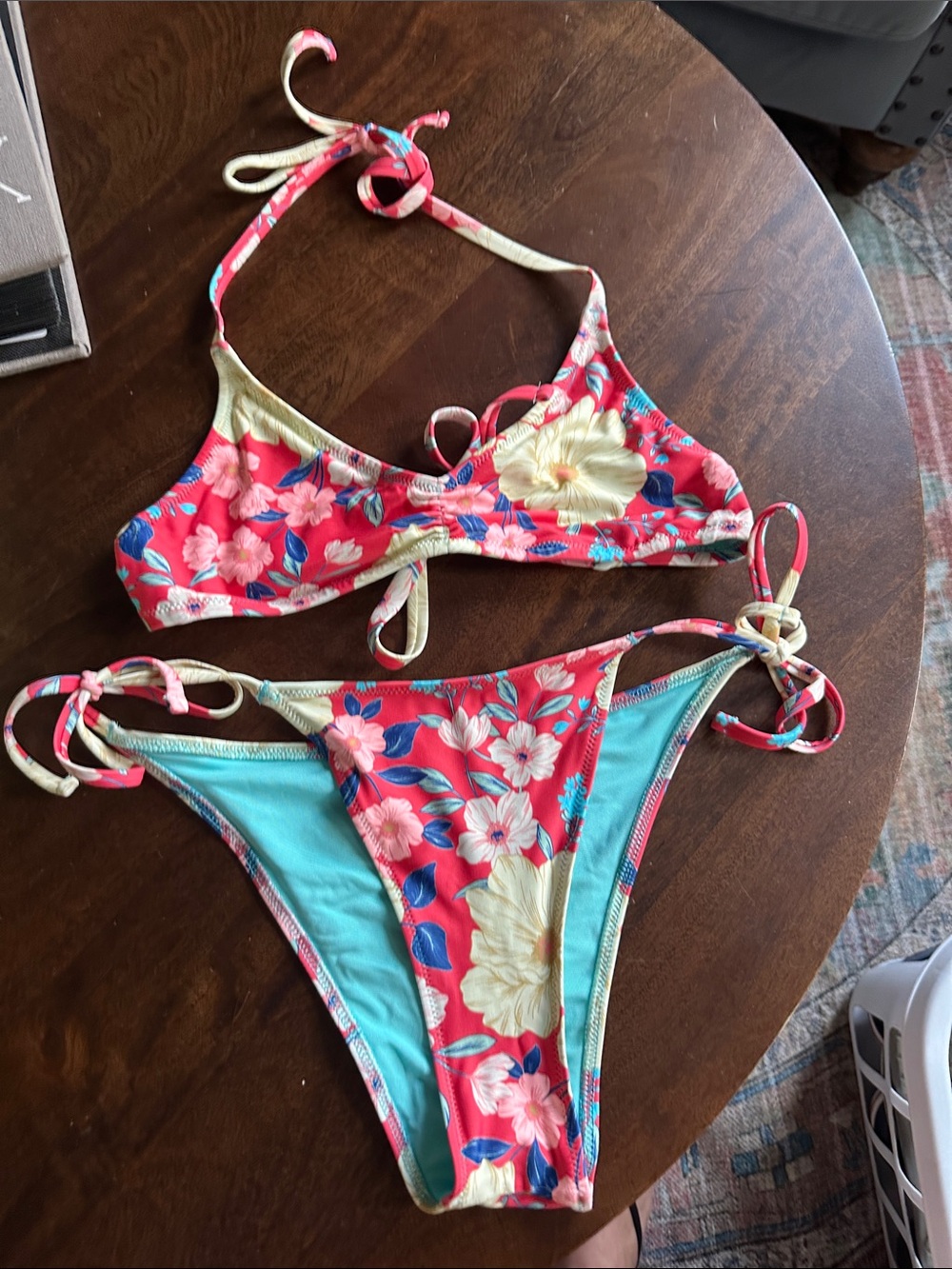 aerie Pink Floral Tie-Side Bikini with Teal Lining Small